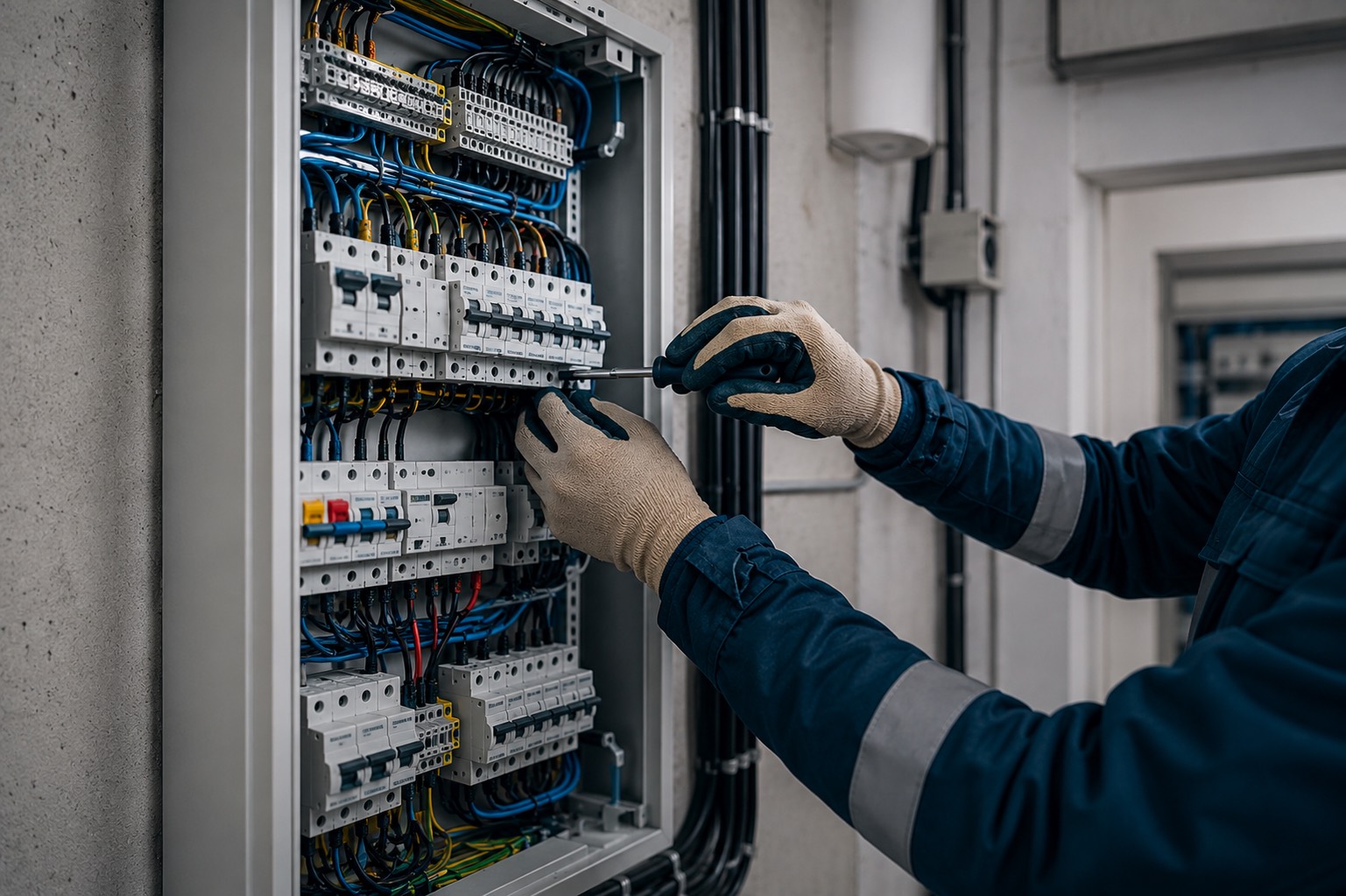 Électricien VOLTA au travail sur un tableau électrique